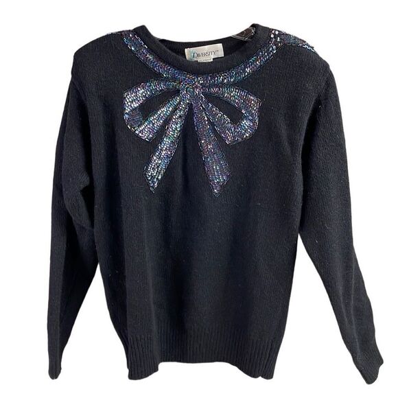 DIVERSITY Black Lambswool Angora Rabbit Hair Sweater Sequin Bow Vintage Sz Med - Picture 1 of 6